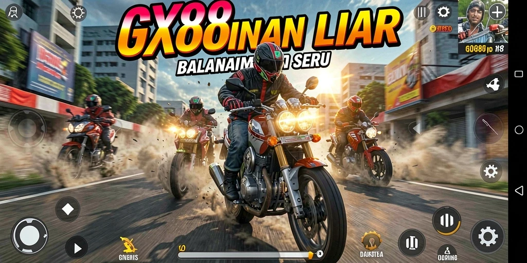 Screenshot utama GX88 menampilkan aksi balapan motor yang mendebarkan.