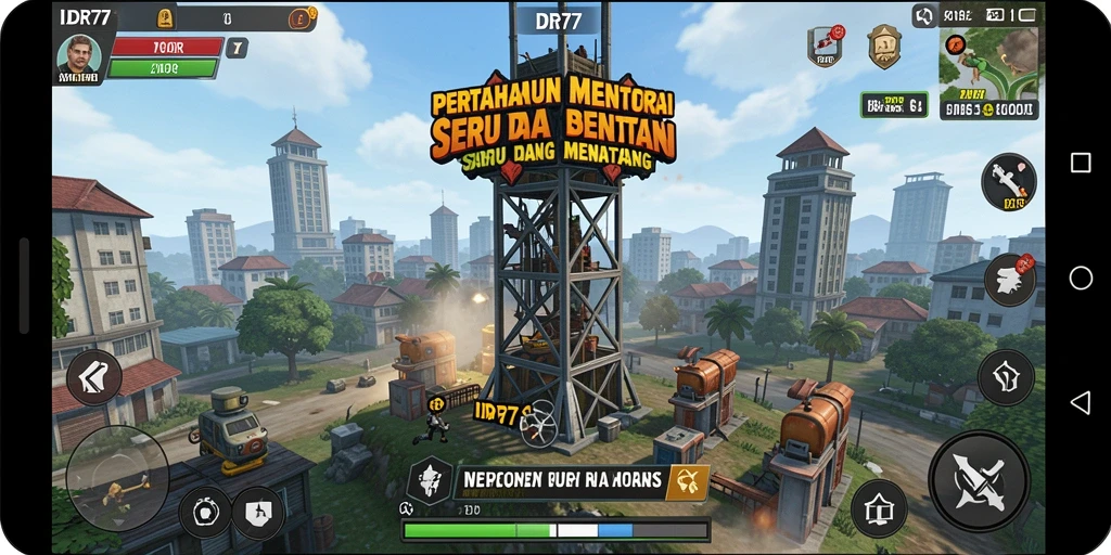 Screenshot gameplay IDR77 dengan pertahanan menara yang strategis.