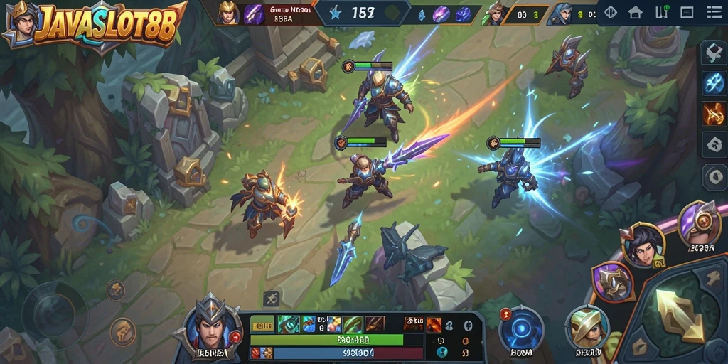 Screenshot utama menunjukkan aksi seru dalam permainan MOBA.