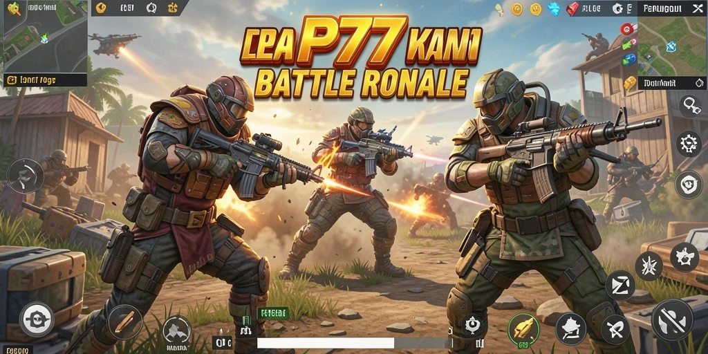 Screenshot utama RP777 menunjukkan aksi Battle Royale yang mendebarkan.