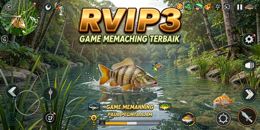 Screenshot RVIP3 menampilkan pemain sedang memancing di danau yang tenang.