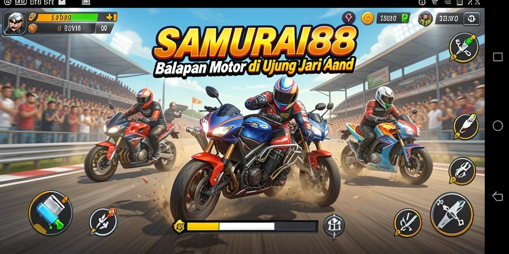 Gameplay mendebarkan di SAMURAI88 dengan balapan motor yang seru.