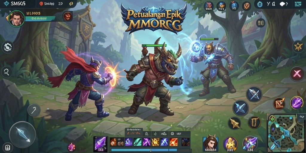Screenshot gameplay SM605 menampilkan aksi pertempuran dalam dunia MMORPG yang menawan.