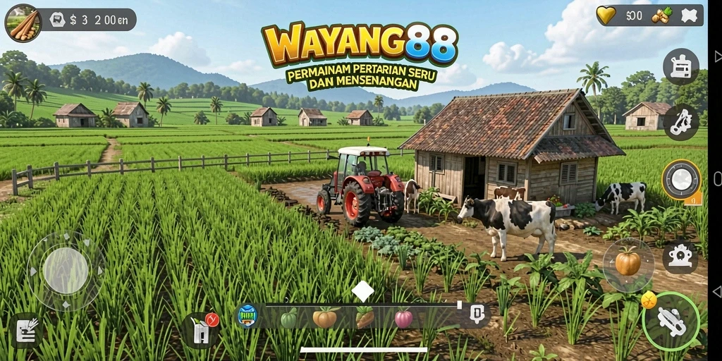 Tangkapan layar dari gameplay WAYANG88 menampilkan ladang yang hijau dan subur.